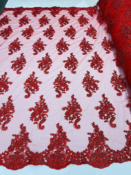 50" Wide New Floral Design Embroidery On A Mesh Lace with Sequins and Cord (1 Yard, Metallic Red)
