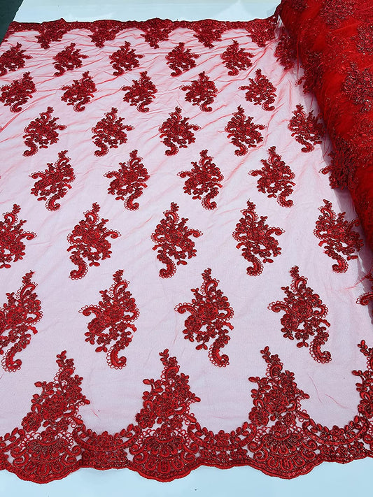 50" Wide New Floral Design Embroidery On A Mesh Lace with Sequins and Cord (1 Yard, Metallic Red)