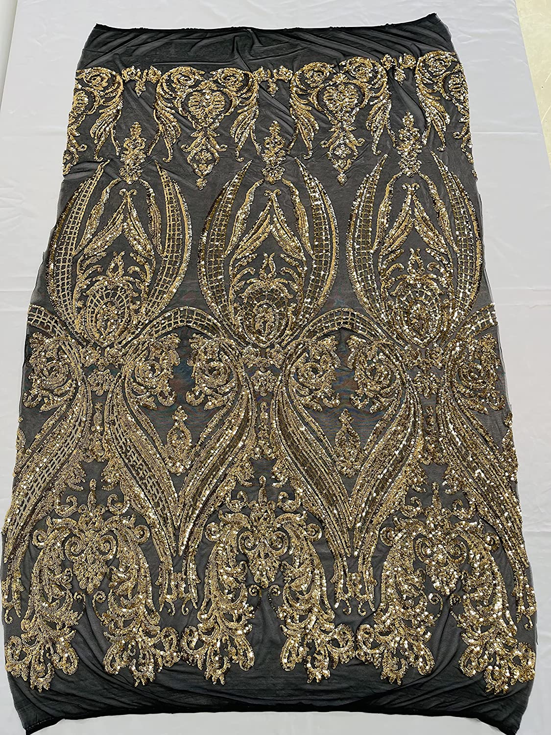 Empire Damask Design with Sequins Embroider On A 4 Way Stretch Mesh Fabric (1 Yard, Gold on Black Mesh)