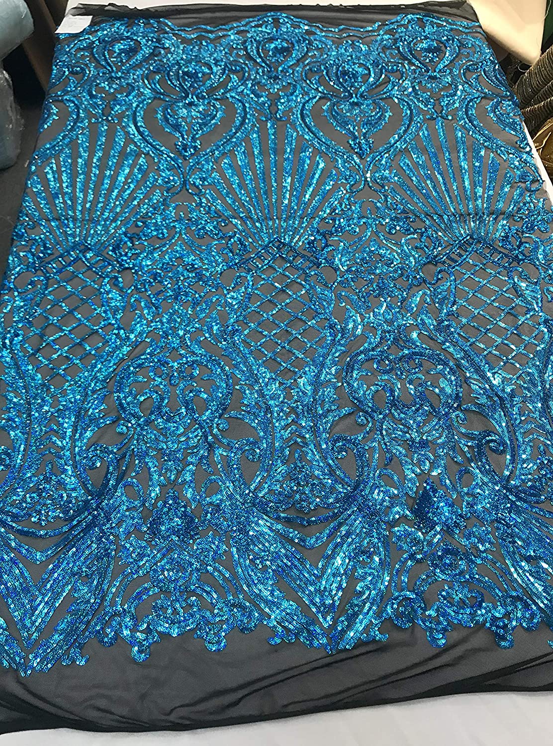 Damask Sequins Design on a 4 Way Stretch Mesh Fabric - for Night Gowns - Prom Dresses - (Turquoise Iridescent on Black, 1 Yard)