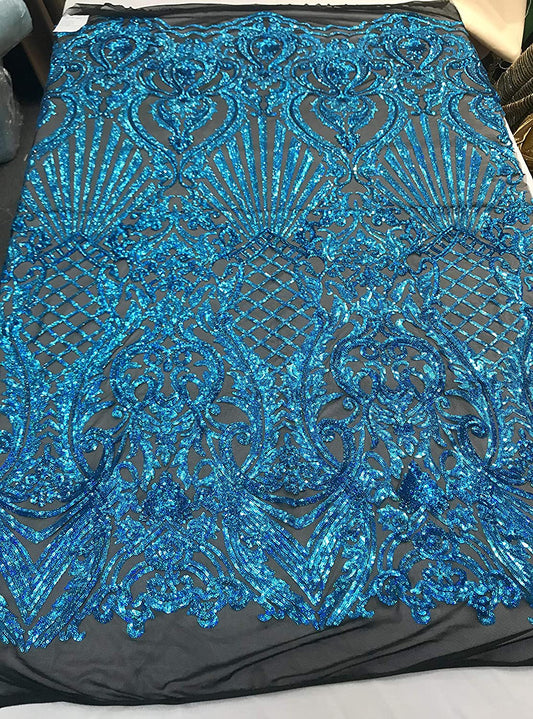 Damask Sequins Design on a 4 Way Stretch Mesh Fabric - for Night Gowns - Prom Dresses - (Turquoise Iridescent on Black, 1 Yard)