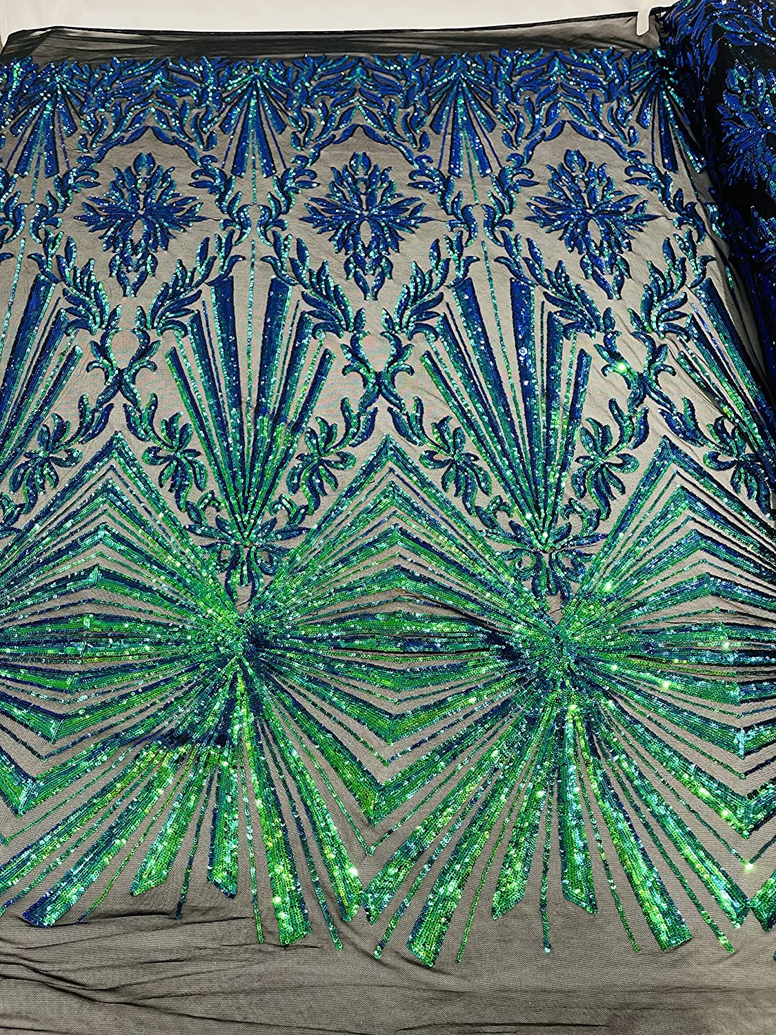 Diamond Damask Design On A Nude 4 Way Stretch Mesh/Prom Fabric (1 Yard, Green Iridescent on Black)