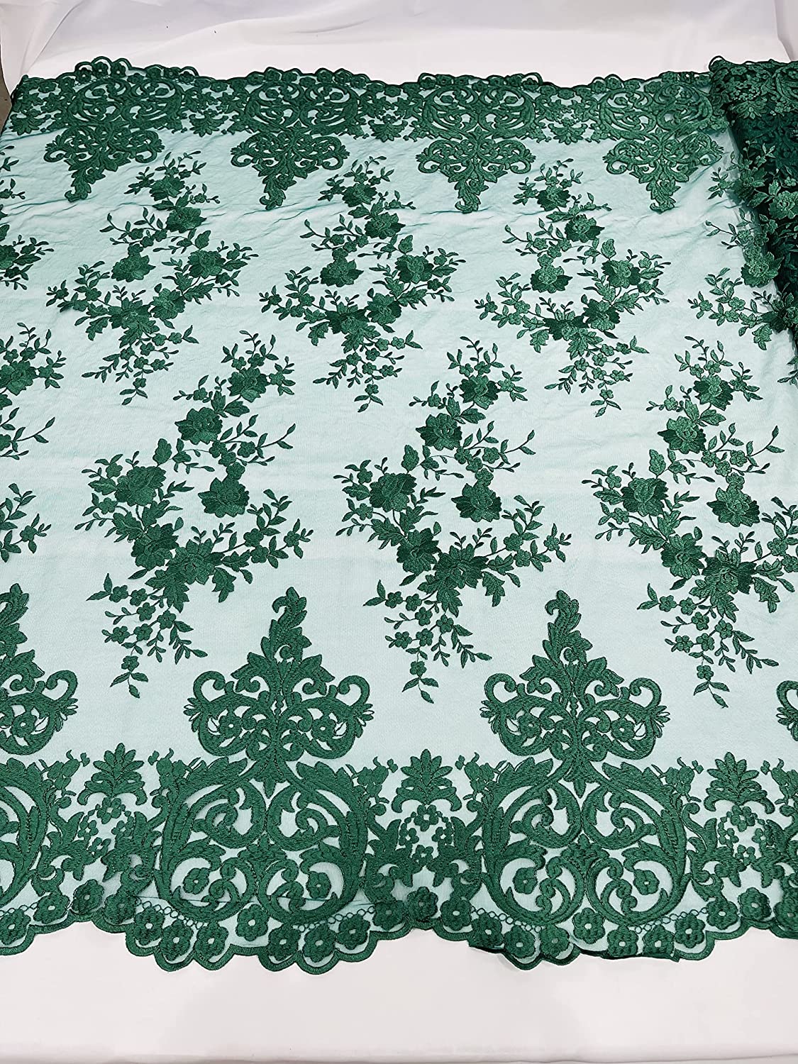 54" Wide Elegant Flower Damask Flat Lace Embroidery On A Mesh (1 Yard, Teal Green)