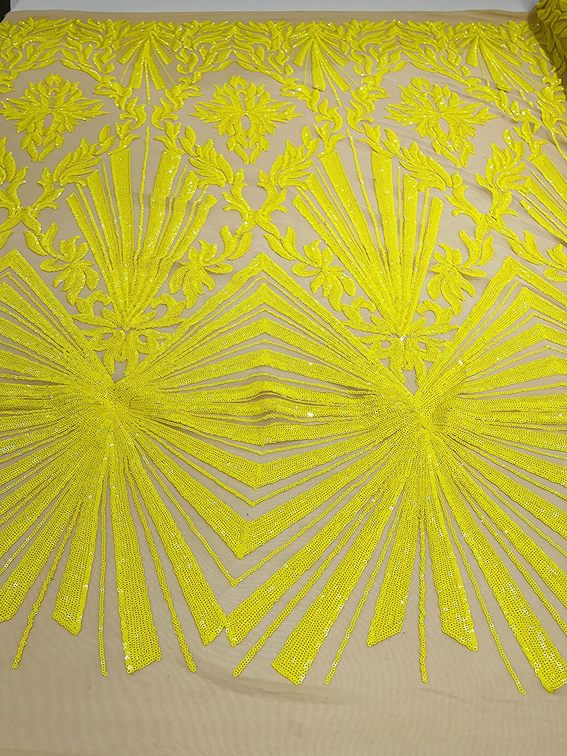 Diamond Damask Design On A Nude 4 Way Stretch Mesh/Prom Fabric (1 Yard, Yellow on Nude)