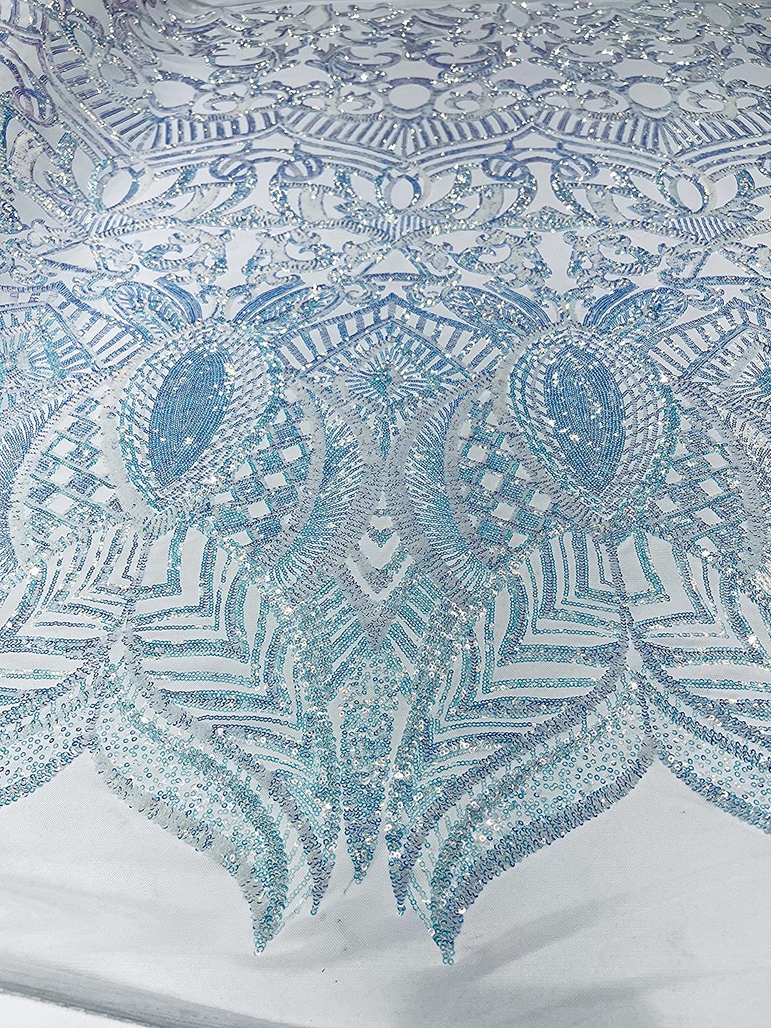 Iridescent Royalty Design On A 4 Way Stretch Mesh/Prom Fabric (1 Yard, Aqua Clear on White Mesh)