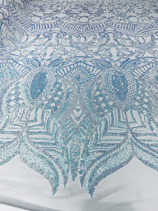 Iridescent Royalty Design On A 4 Way Stretch Mesh/Prom Fabric (1 Yard, Aqua Clear on White Mesh)