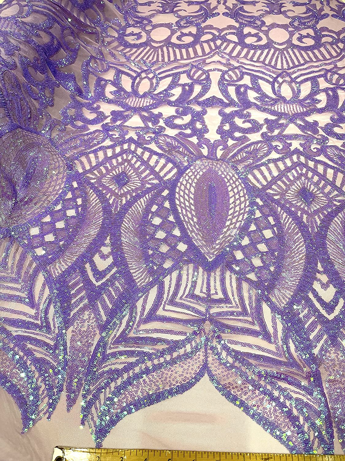 Iridescent Royalty Design On A 4 Way Stretch Mesh/Prom Fabric (1 Yard, Lilac Iridescent on Lilac Mesh)