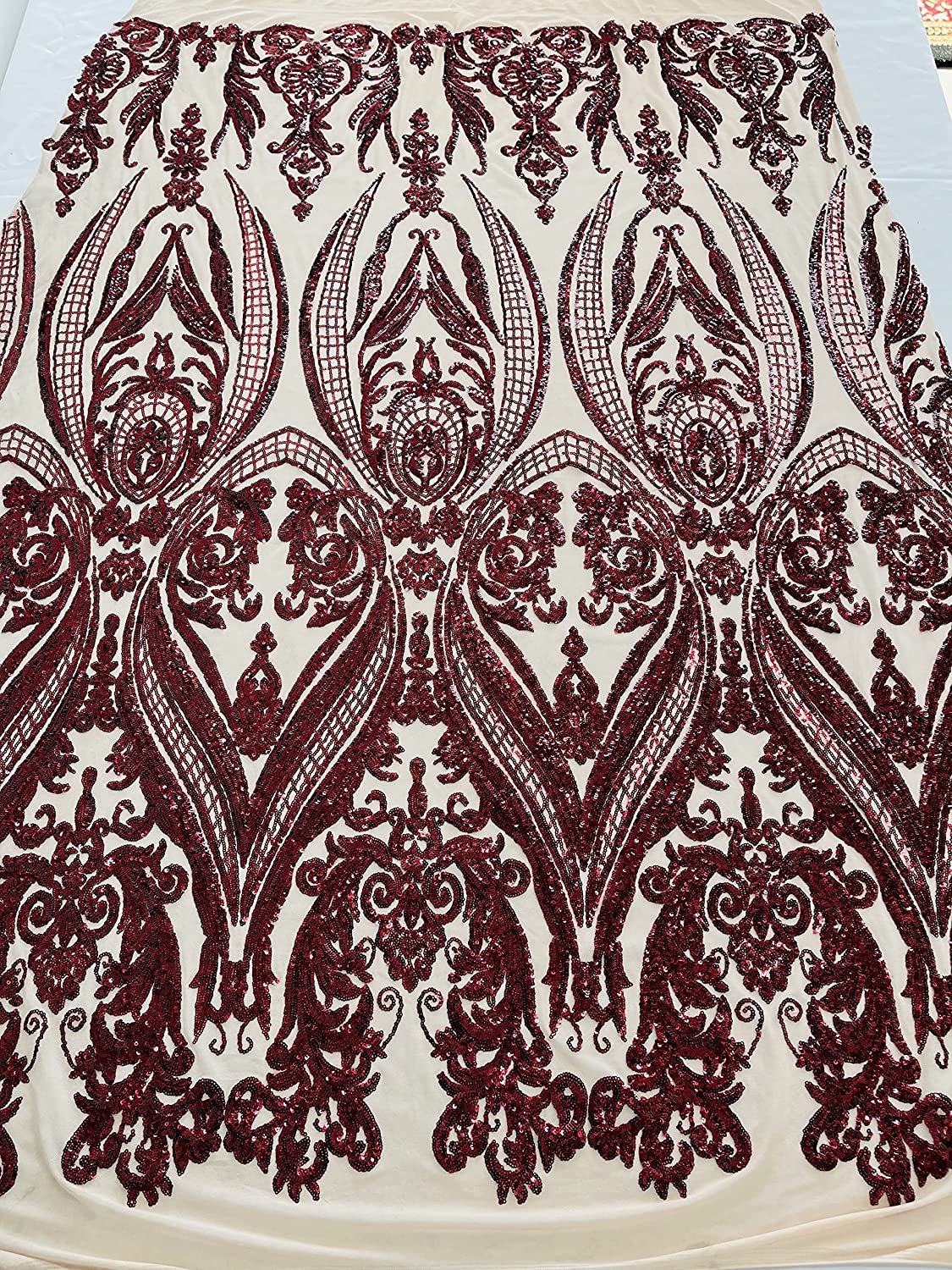 Empire Damask Design with Sequins Embroider On A 4 Way Stretch Mesh Fabric (1 Yard, Burgundy on Nude Mesh)