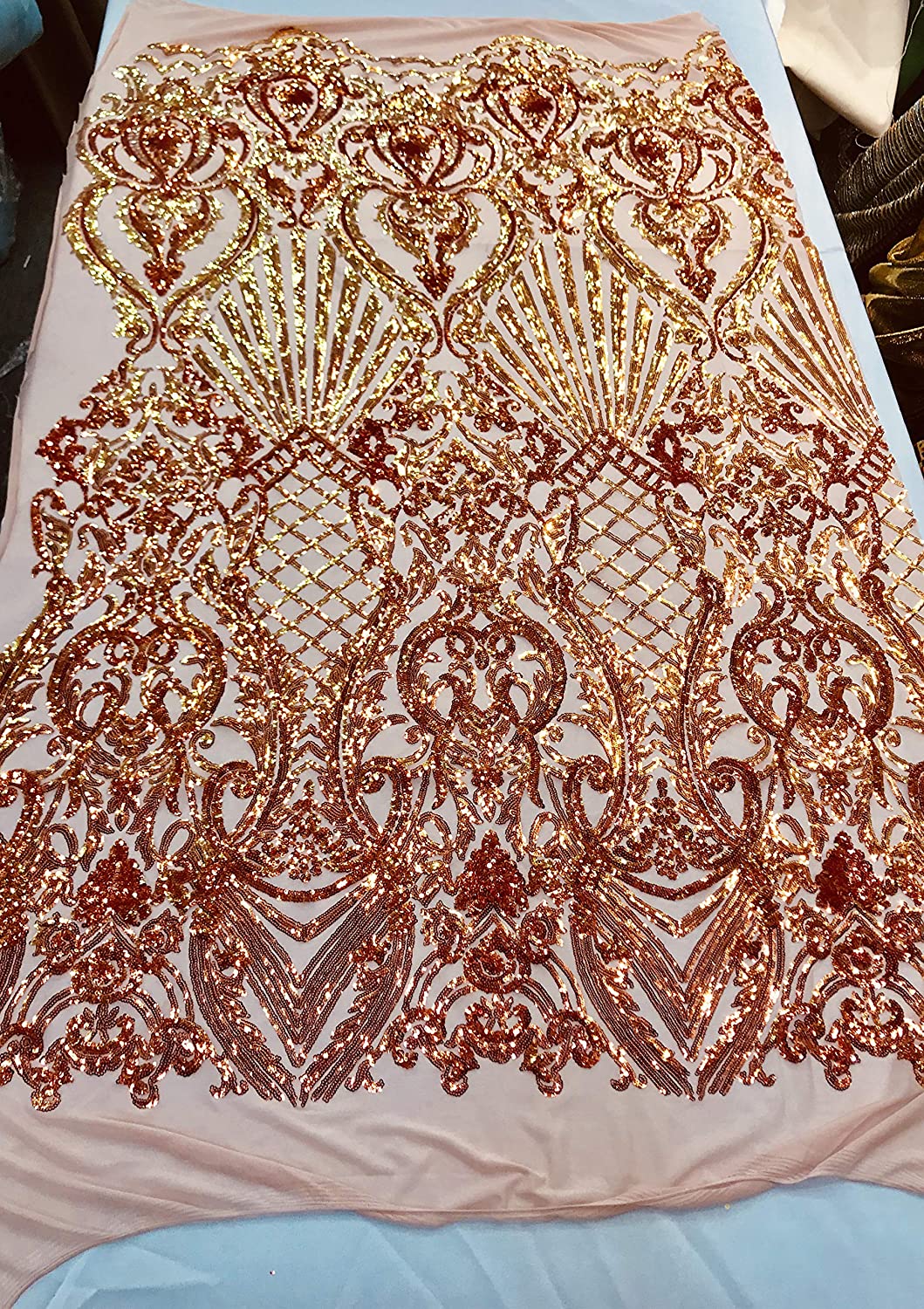 Damask Sequins Design on a 4 Way Stretch Mesh Fabric - for Night Gowns - Prom Dresses - (Orange Iridescent on Nude, 1 Yard)