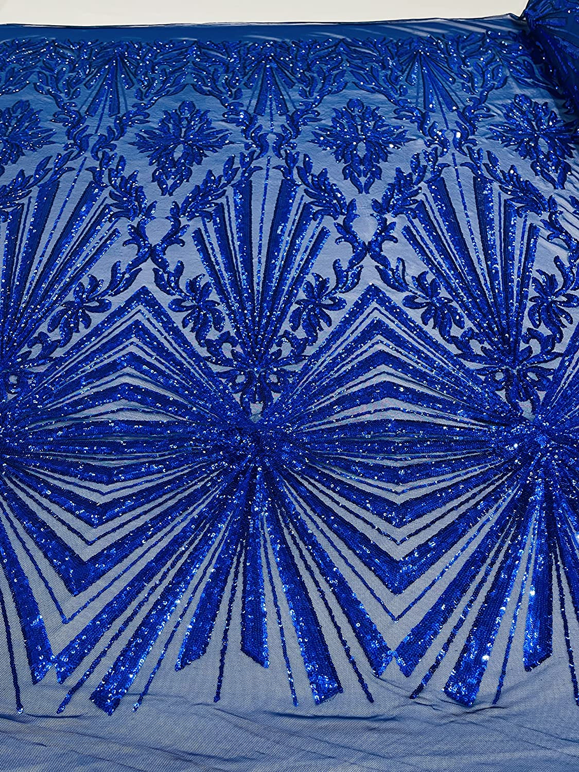 Diamond Damask Design On A Nude 4 Way Stretch Mesh/Prom Fabric (1 Yard, Royal Blue)