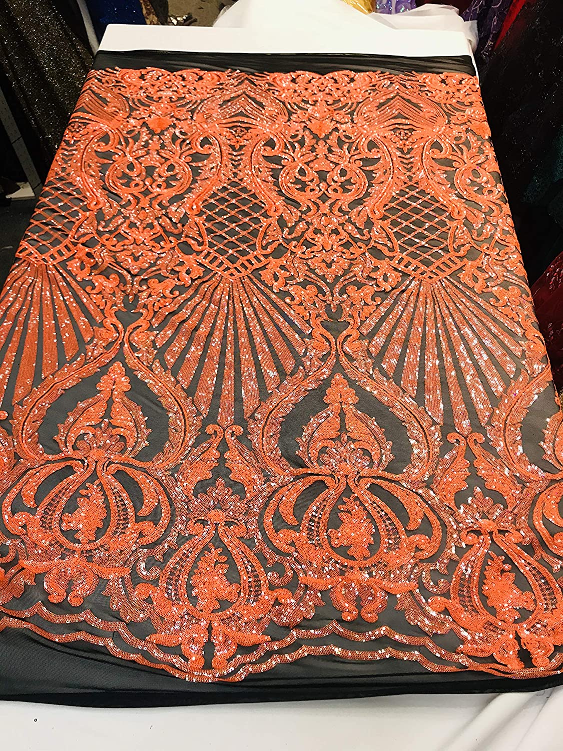 Damask Sequins Design on a 4 Way Stretch Mesh Fabric - for Night Gowns - Prom Dresses - (Neon Orange Iridescent on Black, 1 Yard)