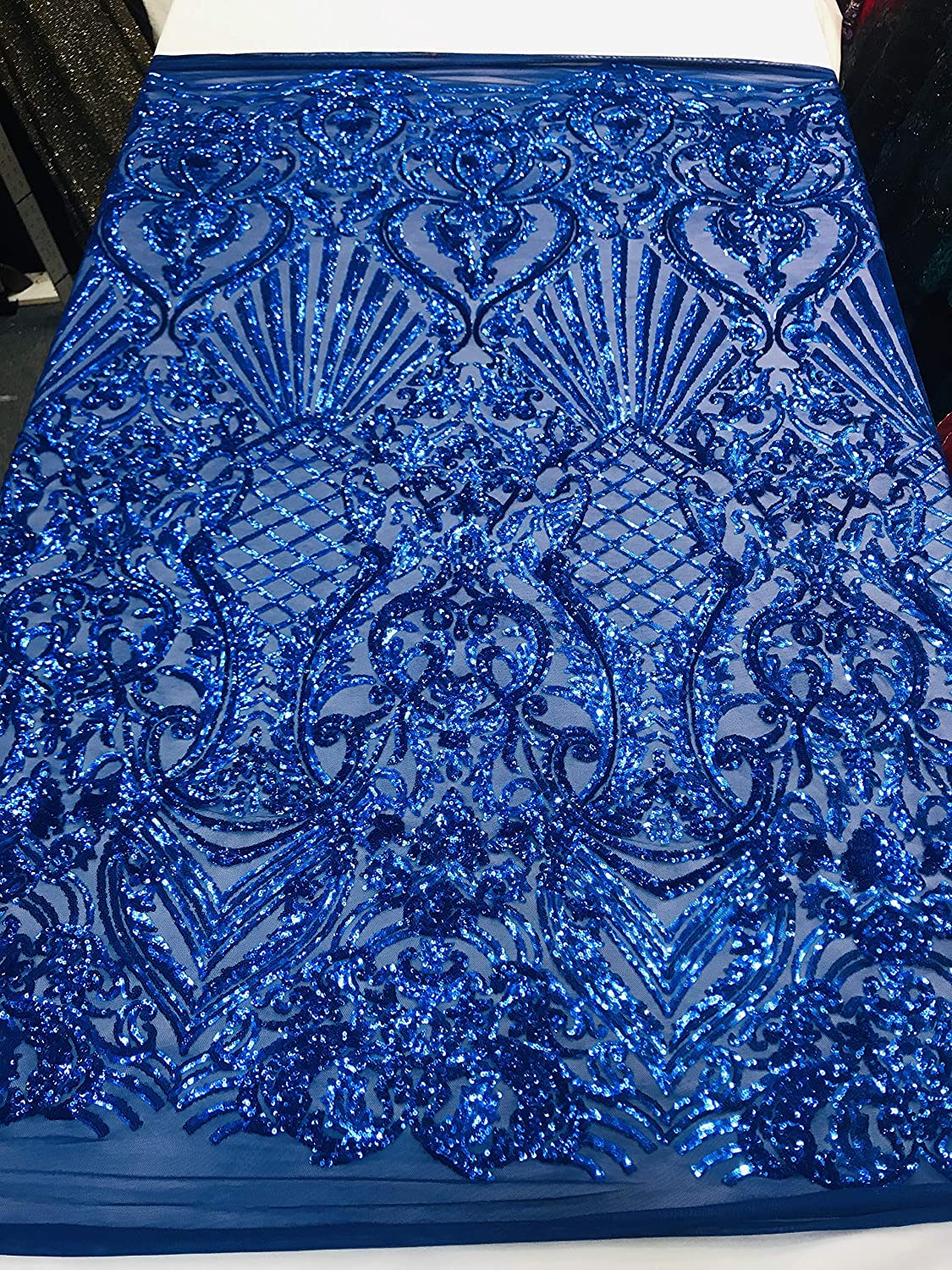Damask Sequins Design on a 4 Way Stretch Mesh Fabric - for Night Gowns - Prom Dresses - (Royal Blue, 1 Yard)