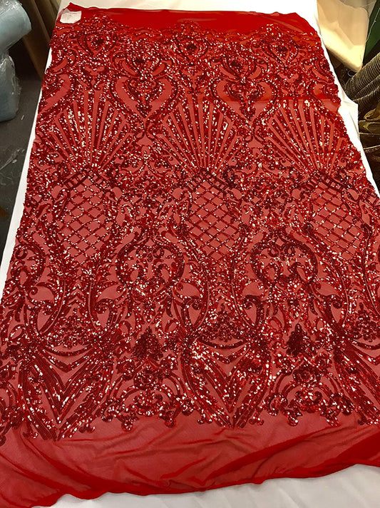Damask Sequins Design on a 4 Way Stretch Mesh Fabric - for Night Gowns - Prom Dresses - (Red Iridescent, 1 Yard)