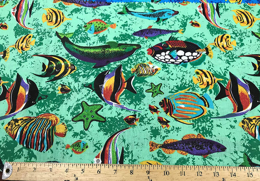 65% Polyester 35% Cotton Fabric, Fish Print, Good to Make Face Mask Covers. (Fishes on Green, 1 Yard)