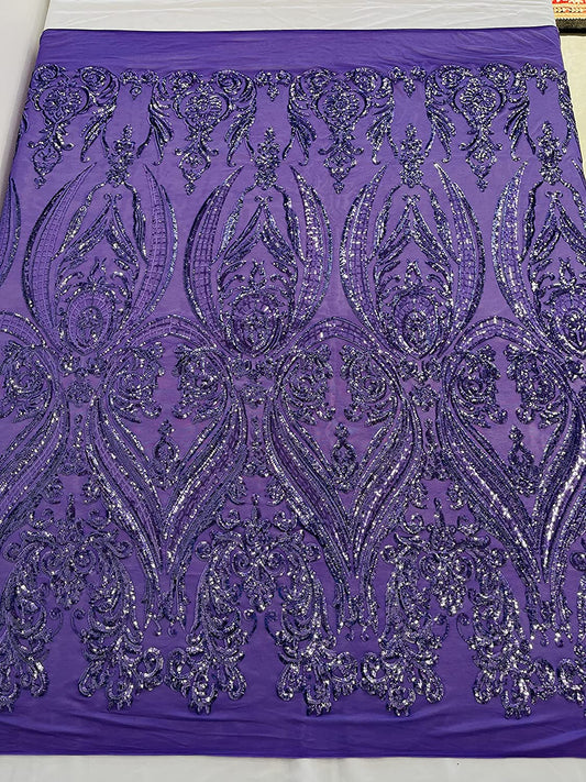 Empire Damask Design with Sequins Embroider On A 4 Way Stretch Mesh Fabric (1 Yard, Purple on Purple Mesh)