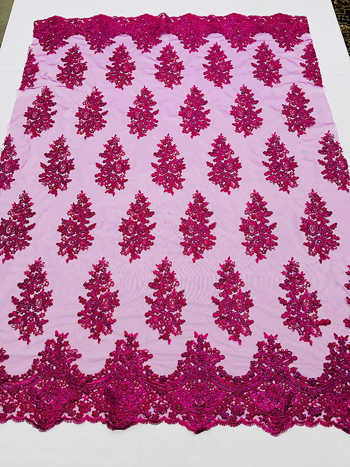 52/58" Wide Lexxi Embroidered with Clear Sequins On A Mesh Lace Fabric, Prom Fabric by The Yard (1 Yard, Magenta)