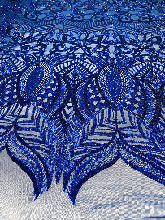 Iridescent Royalty Design On A 4 Way Stretch Mesh/Prom Fabric (1 Yard, Royal Blue on Blue Mesh)