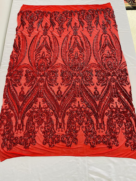 Empire Damask Design with Sequins Embroider On A 4 Way Stretch Mesh Fabric (1 Yard, Red)