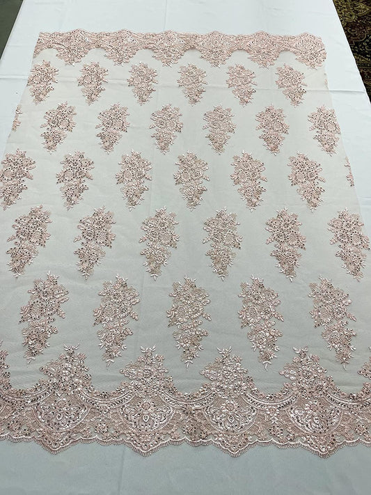 52/58" Wide Lexxi Embroidered with Clear Sequins On A Mesh Lace Fabric, Prom Fabric by The Yard (1 Yard, Blush Pink)