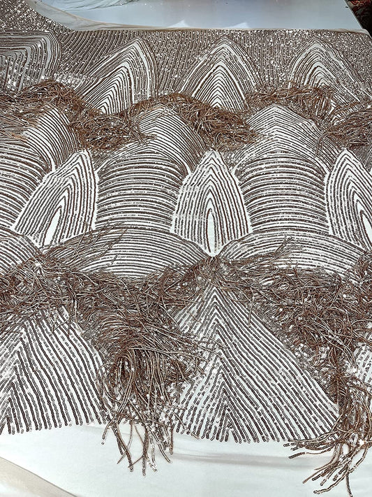 Fringe Sequins Design On A Black 4 Way Stretch Mesh Prom Fabric (1 Yard, Rose Gold)