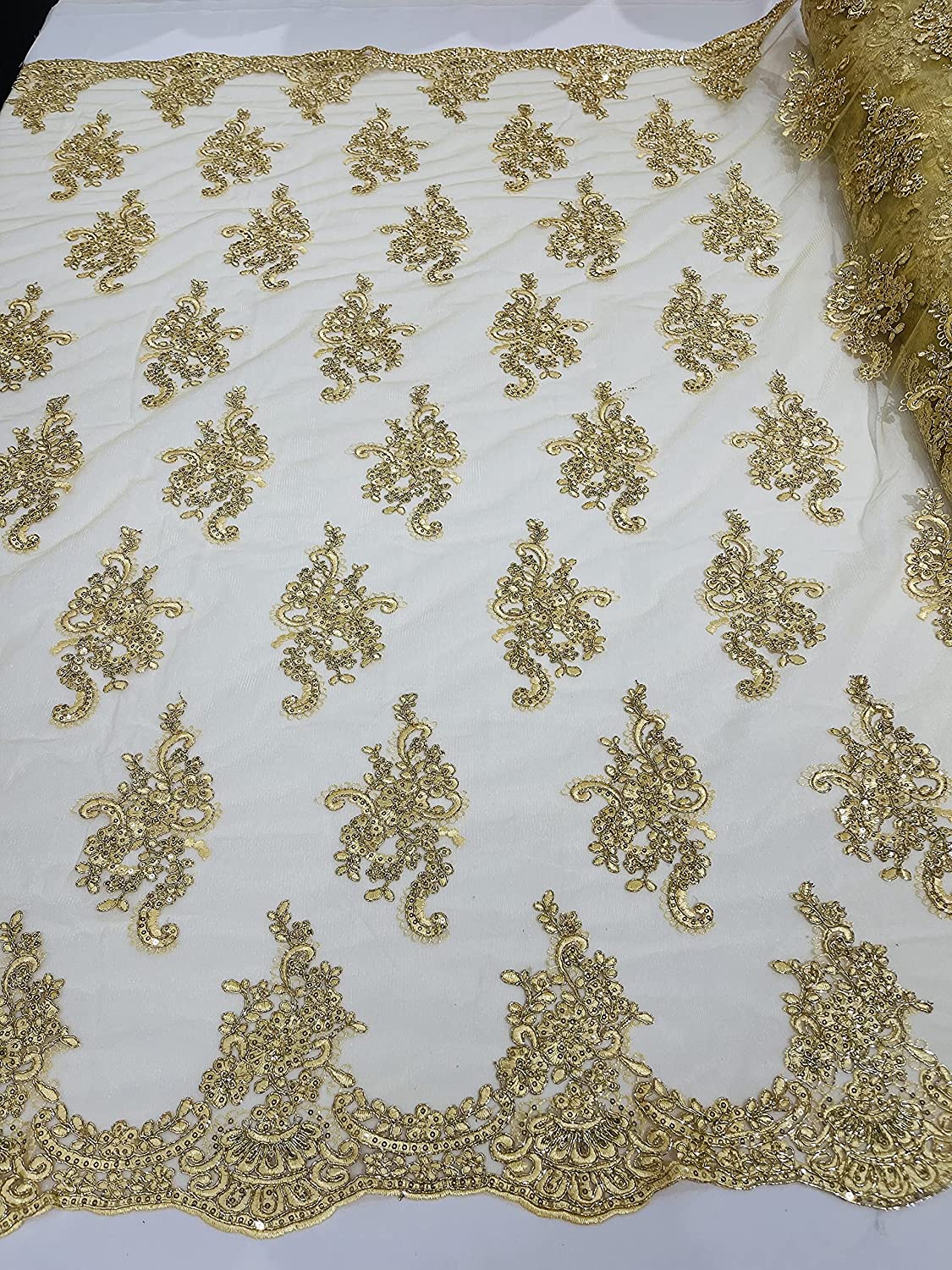 50" Wide New Floral Design Embroidery On A Mesh Lace with Sequins and Cord (1 Yard, Metallic Gold)