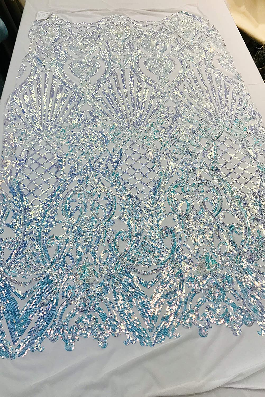 Damask Sequins Design on a 4 Way Stretch Mesh Fabric - for Night Gowns - Prom Dresses - (Aqua Iridescent on White, 1 Yard)