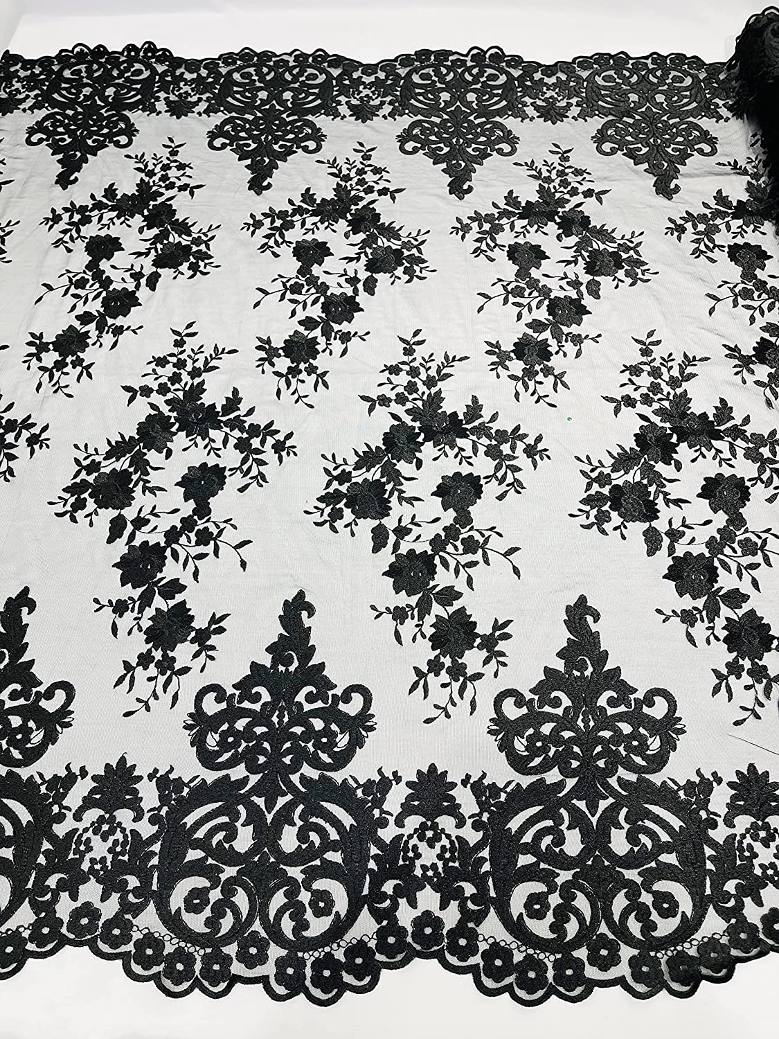 54" Wide Elegant Flower Damask Flat Lace Embroidery On A Mesh (1 Yard, Black)