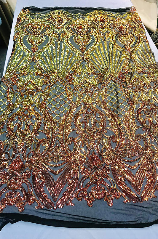 Damask Sequins Design on a 4 Way Stretch Mesh Fabric - for Night Gowns - Prom Dresses - (Orange Iridescent on Black, 1 Yard)