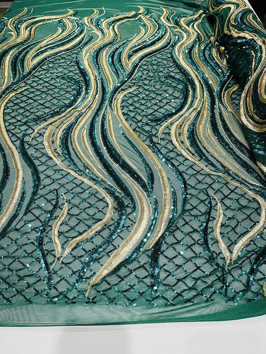 Sequin Flame Design On A 4 Way Stretch Mesh Fabric by The Yard (1 Yard, Hunter Green/Matte Gold)