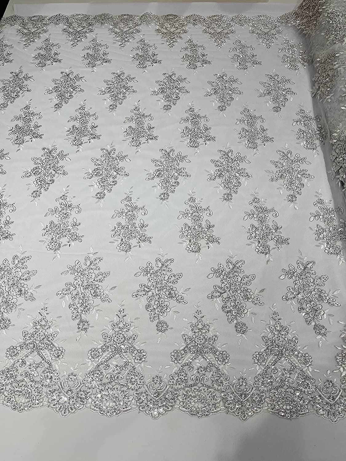 50" Wide Floral Design Embroidery On A Mesh Lace with Sequins and Cord Fabric (1 Yard, White/Silver Metallic)