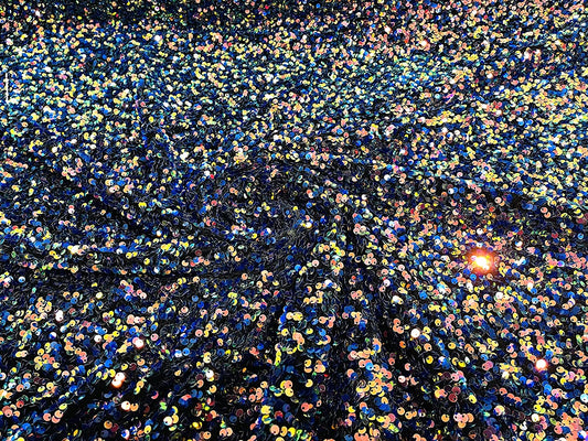 Shiny 5mm Sequin On A 2 Way Stretch Velvet (1 Yard, Royal Rainbow Iridescent/Black)