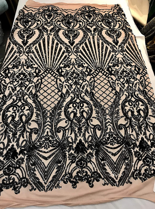 Damask Sequins Design on a 4 Way Stretch Mesh Fabric - for Night Gowns - Prom Dresses - (Black on Nude, 1 Yard)