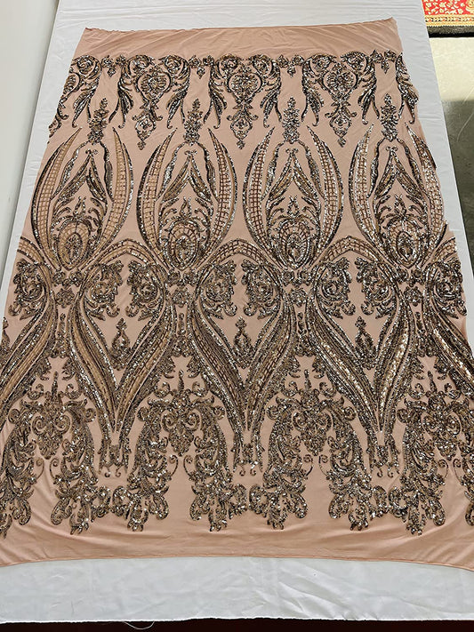 Empire Damask Design with Sequins Embroider On A 4 Way Stretch Mesh Fabric (1 Yard, Champagne on Dark Nude)