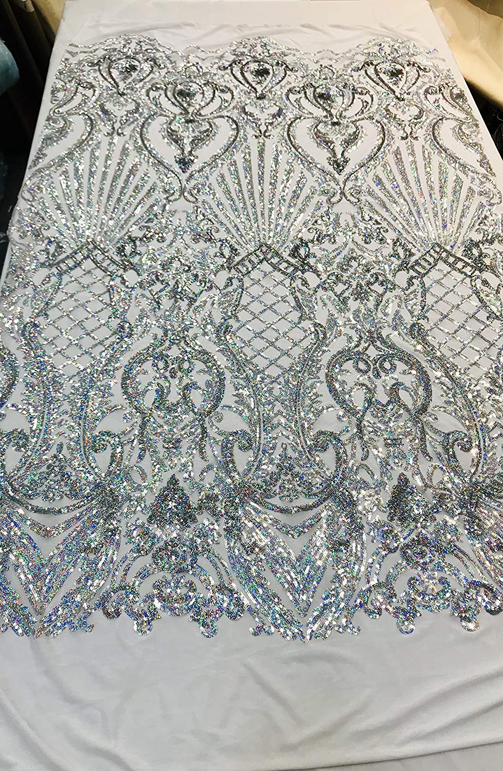 Damask Sequins Design on a 4 Way Stretch Mesh Fabric - for Night Gowns - Prom Dresses - (Silver Iridescent on White, 1 Yard)