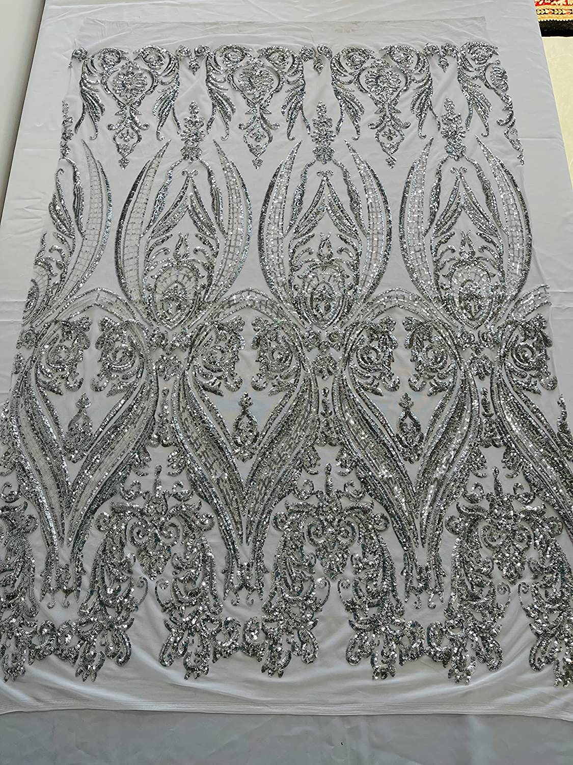 Empire Damask Design with Sequins Embroider On A 4 Way Stretch Mesh Fabric (1 Yard, Silver on White Mesh)