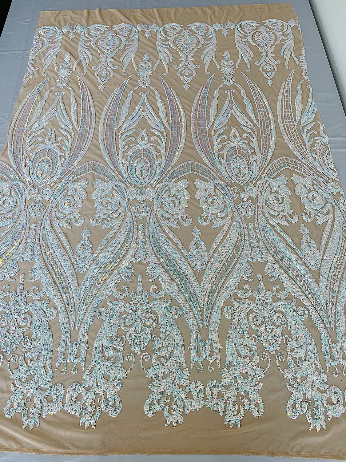 Empire Damask Design with Sequins Embroider On A 4 Way Stretch Mesh Fabric (1 Yard, Aqua Iridescent on Nude)