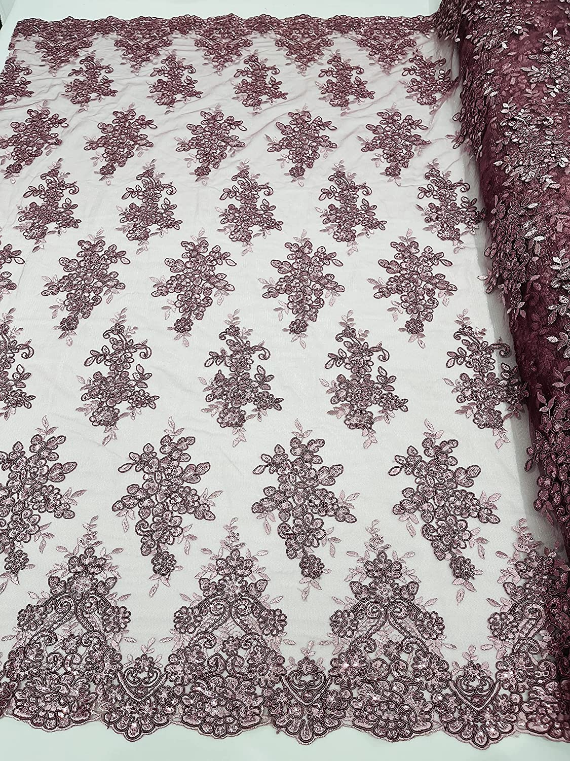 50" Wide Floral Design Embroidery On A Mesh Lace with Sequins and Cord Fabric (1 Yard, Dusty Mauve)