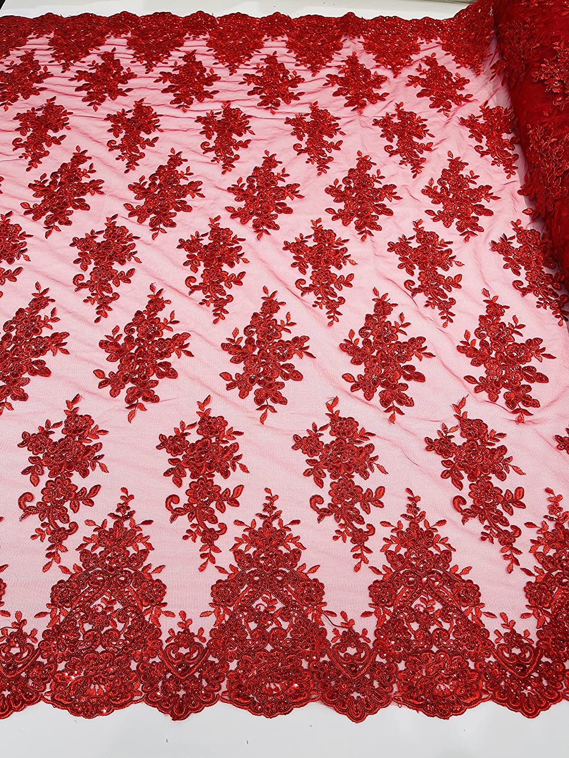 50" Wide Floral Design Embroidery On A Mesh Lace with Sequins and Cord Fabric (1 Yard, Red)
