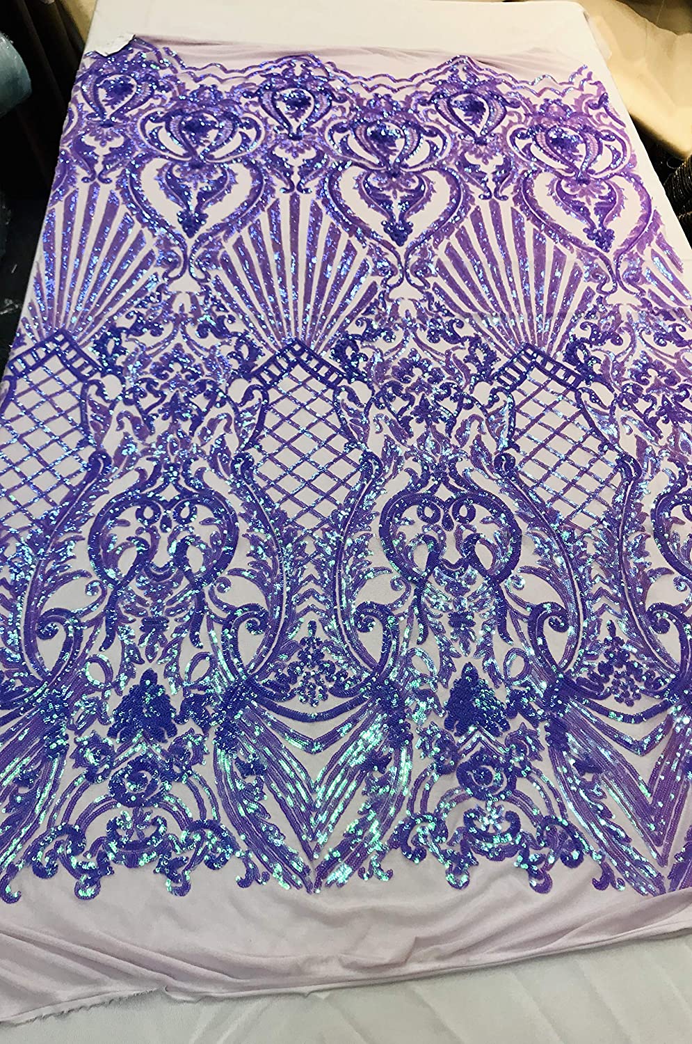Damask Sequins Design on a 4 Way Stretch Mesh Fabric - for Night Gowns - Prom Dresses - (Lilac Iridescent, 1 Yard)