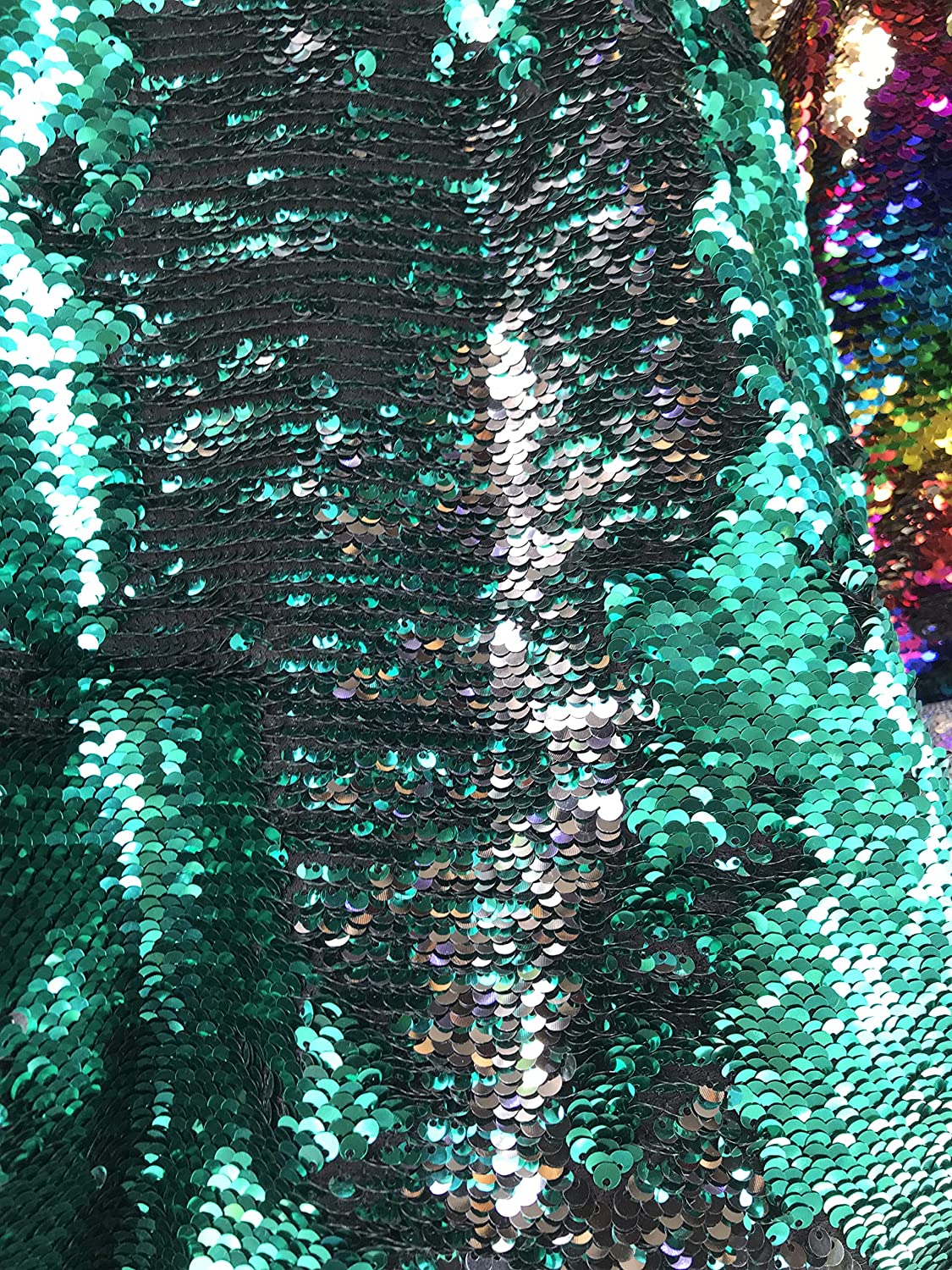 54" Wide Mermaid Flip Up Sequin Reversible Sparkly Fabric for Dress Clothing Making, Home Decor (Emerald Green & Silver, by The Yard)