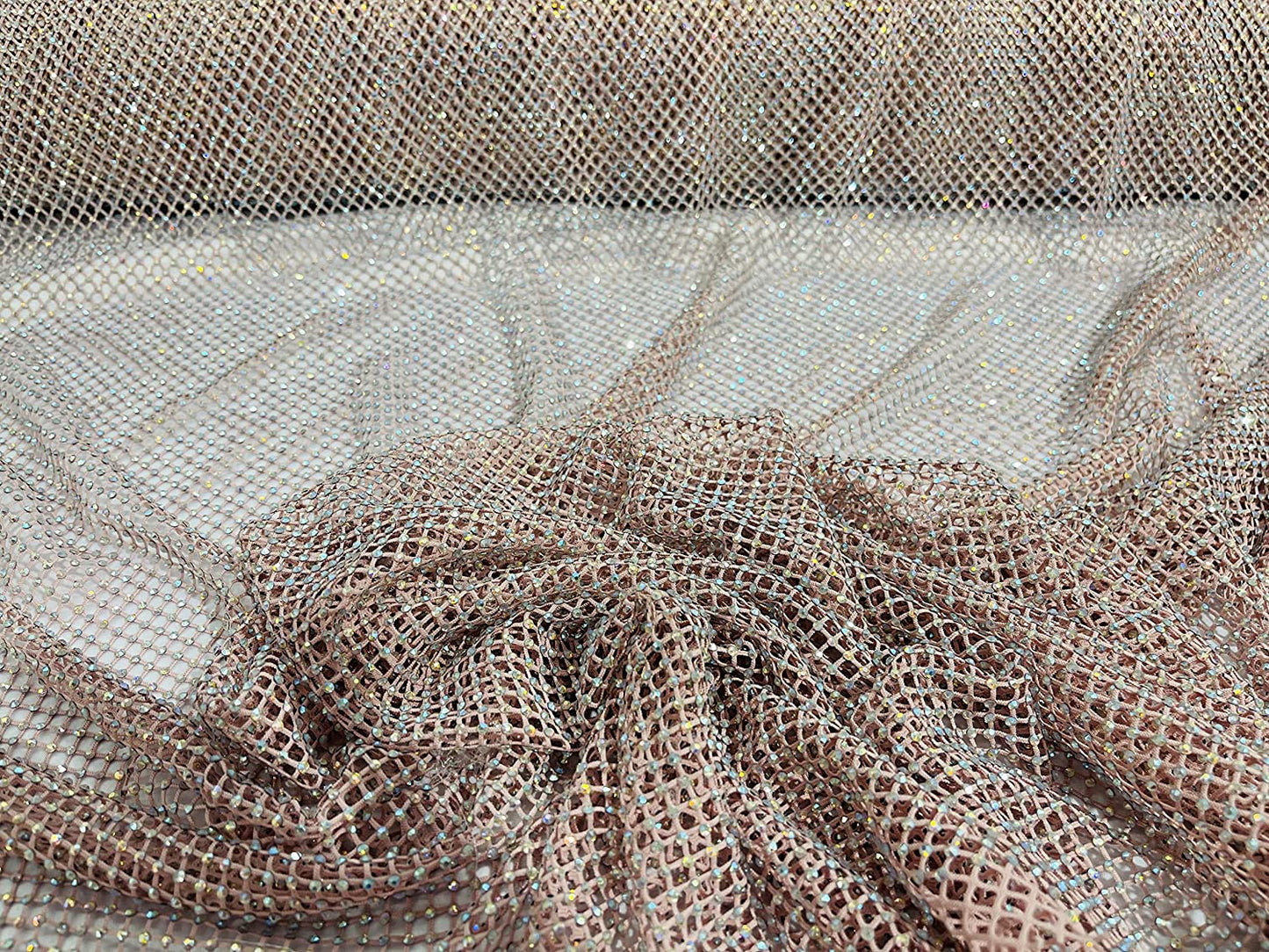 45" Wide AB Iridescent Rhinestone On Soft Stretch Fish Net Fabric by The Yard (1 Yard, Iridescent Rhinestones on Blush Mesh)