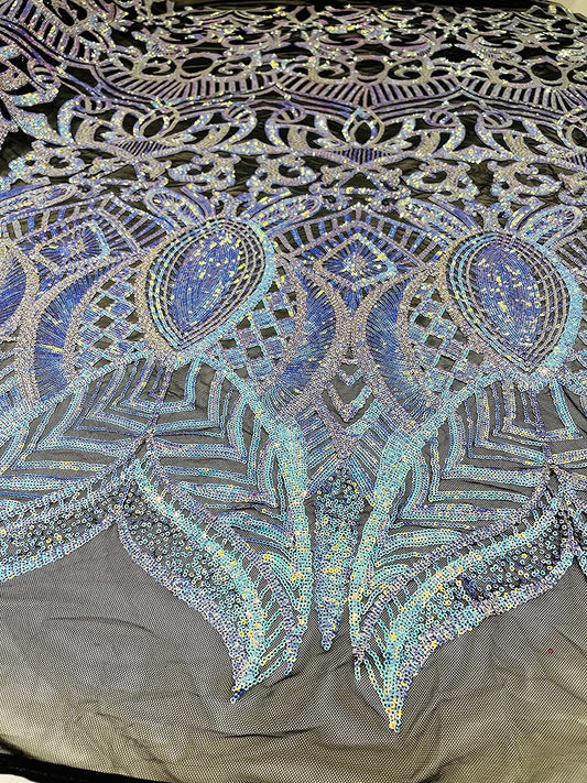 Iridescent Royalty Design On A 4 Way Stretch Mesh/Prom Fabric (1 Yard, Rainbow on Black Mesh)
