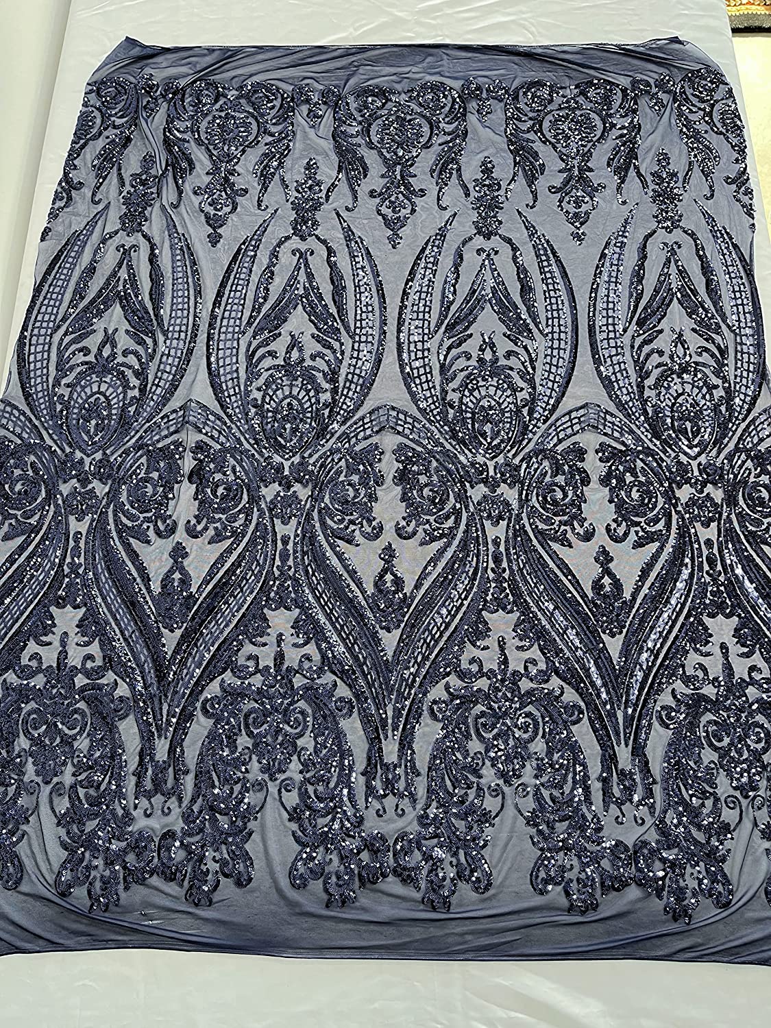 Empire Damask Design with Sequins Embroider On A 4 Way Stretch Mesh Fabric (1 Yard, Navy Blue)