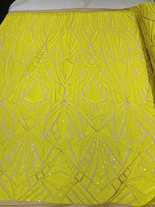 54" Wide Geometric Shiny Sequin Design on A 4 Way Stretch Mesh Fabric (1 Yard, Yellow on Nude)