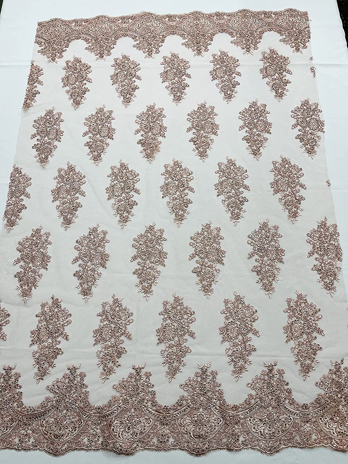52/58" Wide Lexxi Embroidered with Clear Sequins On A Mesh Lace Fabric, Prom Fabric by The Yard (1 Yard, Dusty Rose)