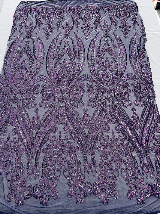 Empire Damask Design with Sequins Embroider On A 4 Way Stretch Mesh Fabric (1 Yard, Purple Iridescent on Black Mesh)