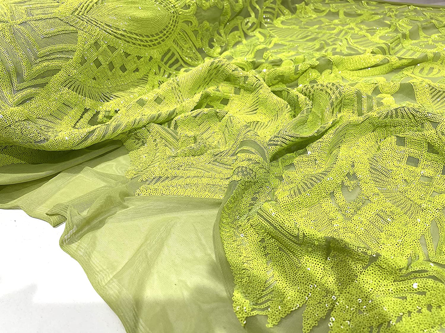 Iridescent Royalty Design On A 4 Way Stretch Mesh/Prom Fabric (1 Yard, Neon Green on Green Mesh)
