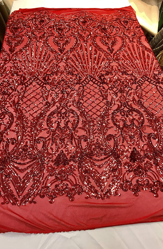 Damask Sequins Design on a 4 Way Stretch Mesh Fabric - for Night Gowns - Prom Dresses - (Red, 1 Yard)