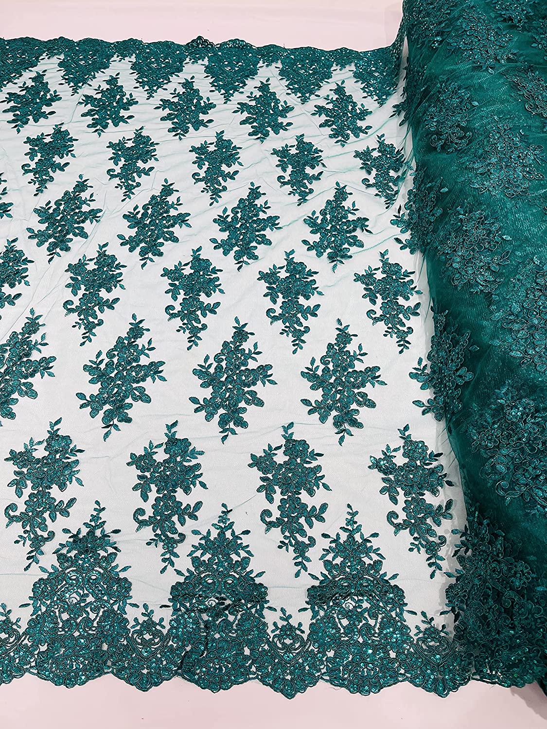 50" Wide Floral Design Embroidery On A Mesh Lace with Sequins and Cord Fabric (1 Yard, Jade)