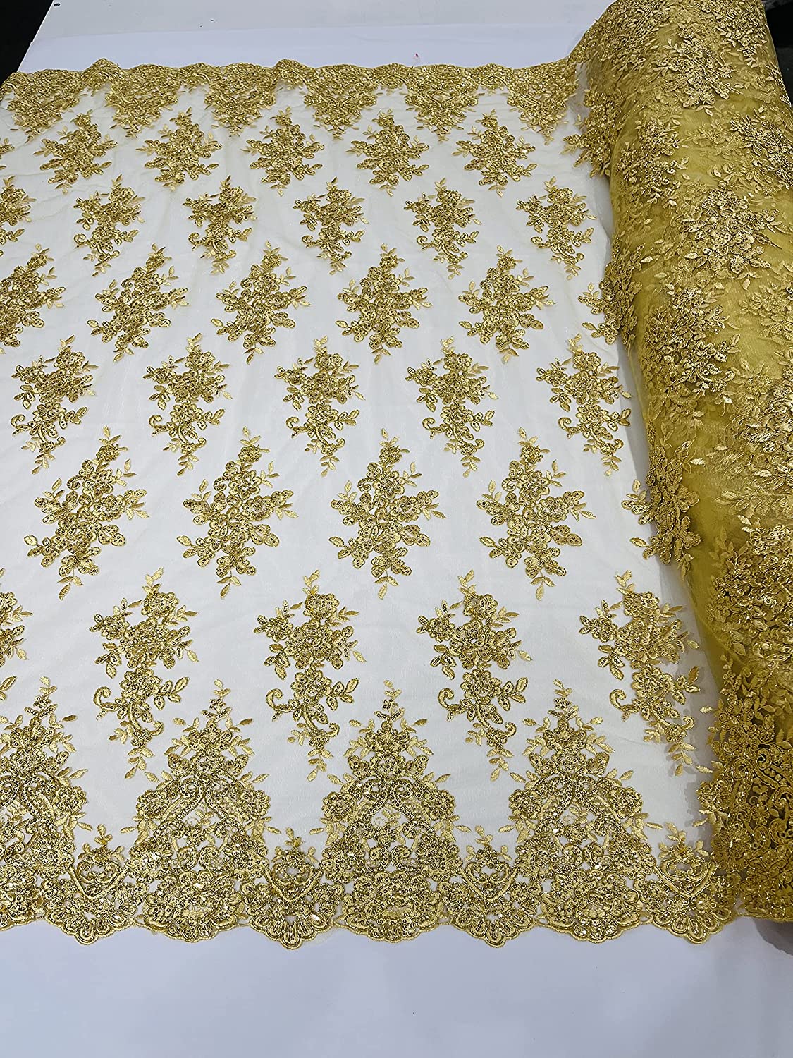 50" Wide Floral Design Embroidery On A Mesh Lace with Sequins and Cord Fabric (1 Yard, Metallic Gold)